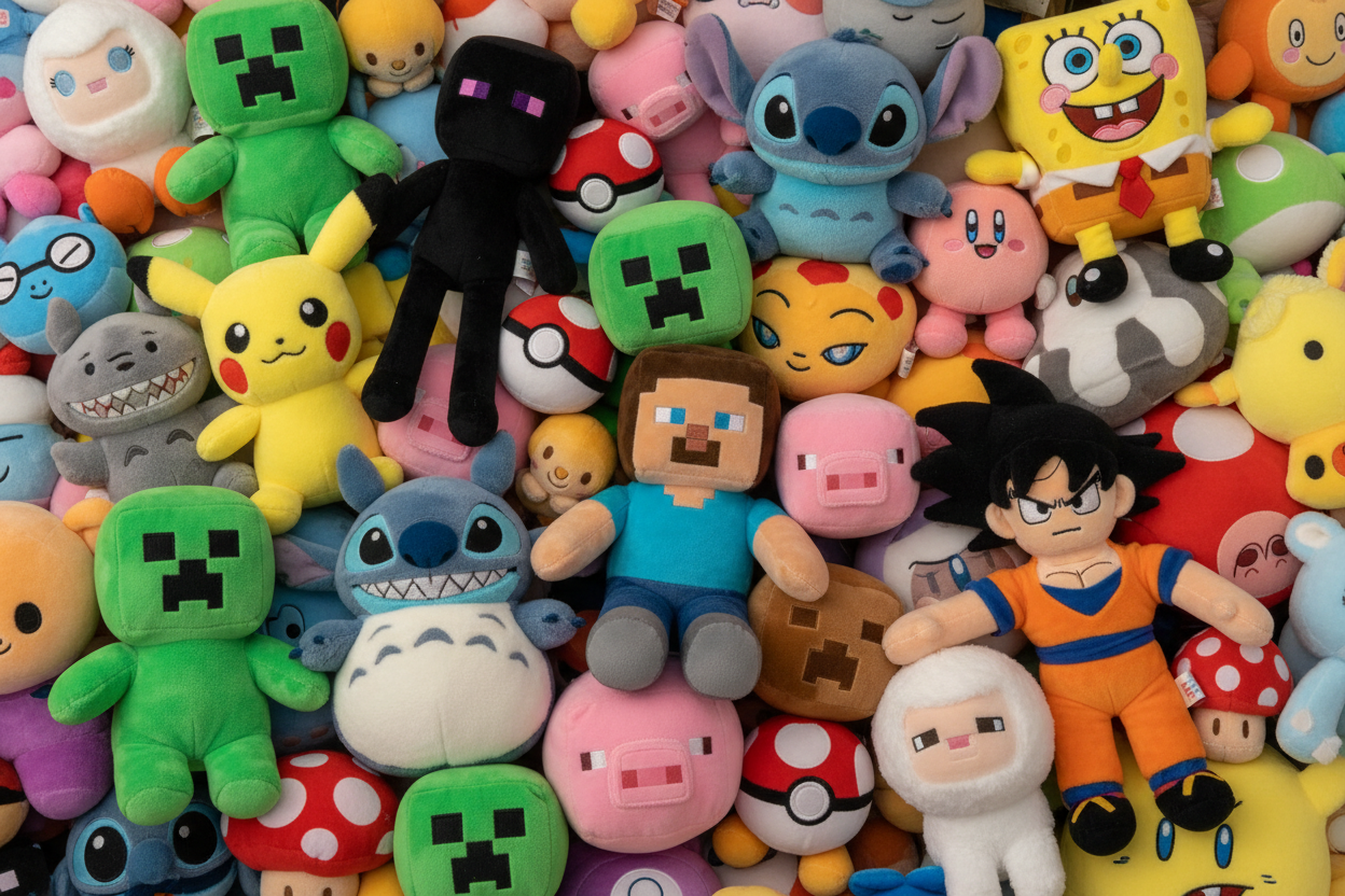 minecraft plushies and animation plushies all over the screen